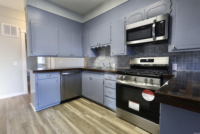 kitchen featuring appliances with stainless steel finishes, tasteful backsplash, sink, butcher block countertops, and light hardwood / wood-style floors