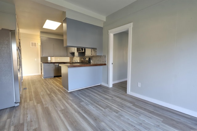 kitchen featuring gray cabinetry, tasteful backsplash, kitchen peninsula, appliances with stainless steel finishes, and hardwood / wood-style flooring