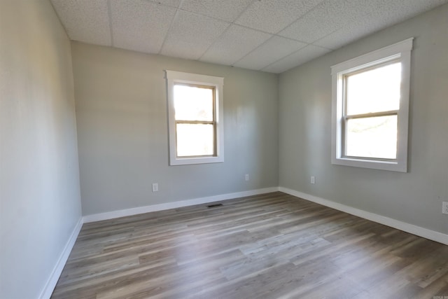 empty room with a paneled ceiling, light hardwood / wood-style flooring, and a healthy amount of sunlight