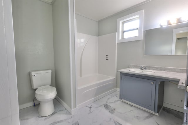 full bathroom featuring toilet, vanity, and bathing tub / shower combination