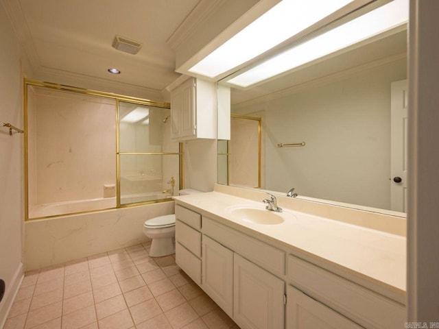 full bathroom featuring shower / bath combination with glass door, vanity, tile patterned floors, and crown molding