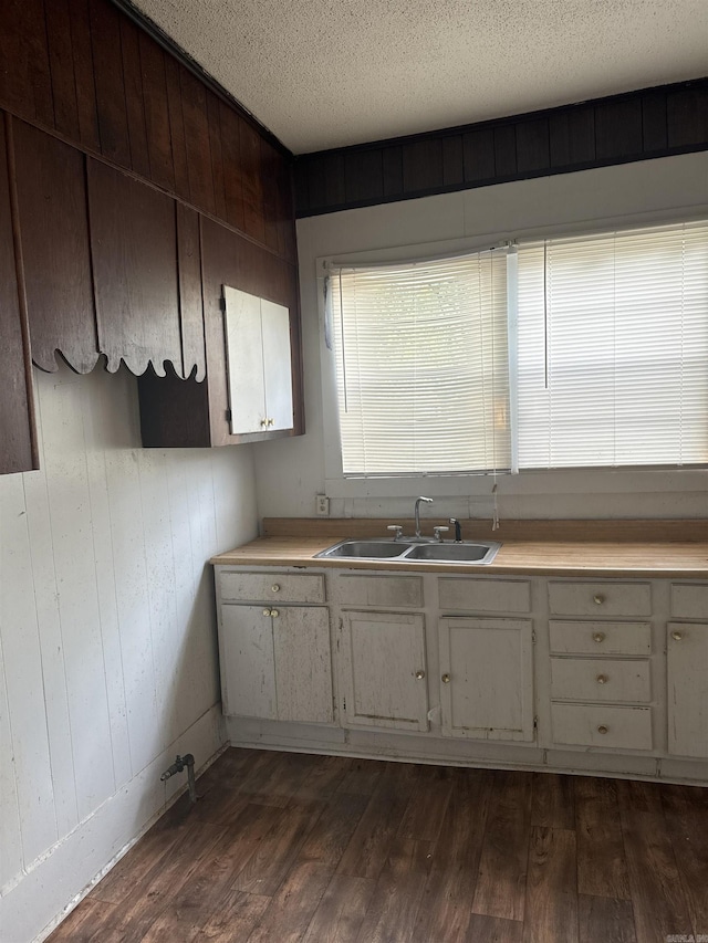 kitchen with a textured ceiling, wood walls, dark hardwood / wood-style flooring, and sink