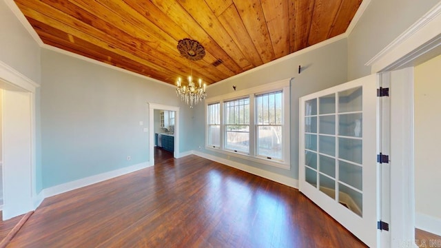 unfurnished room featuring dark hardwood / wood-style floors, crown molding, wooden ceiling, and a notable chandelier