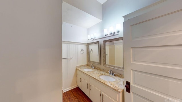 bathroom with vanity and hardwood / wood-style flooring