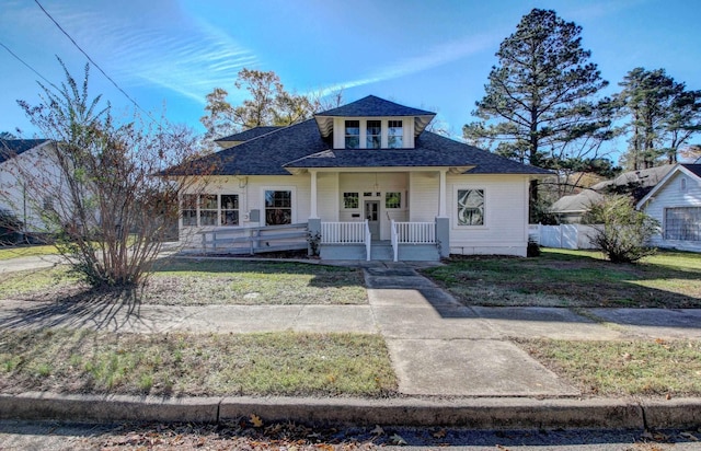 view of front of property featuring covered porch and a front yard