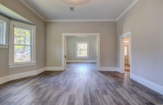 spare room featuring ornamental molding, dark wood-type flooring, and a healthy amount of sunlight