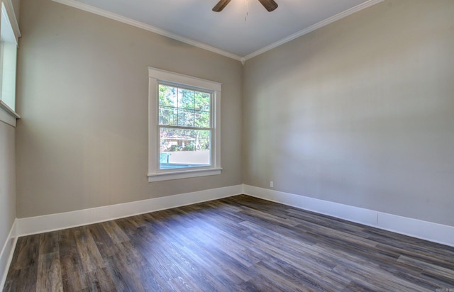 unfurnished room with ceiling fan, crown molding, and dark hardwood / wood-style floors