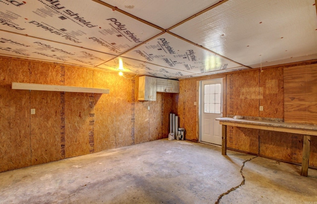 basement featuring wooden walls