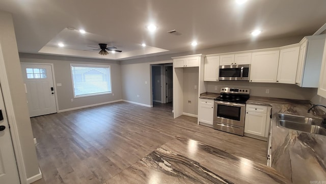 kitchen with stainless steel appliances, a raised ceiling, white cabinetry, and sink