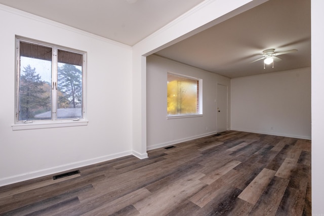 unfurnished room featuring crown molding, a wealth of natural light, and dark wood-type flooring