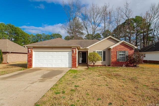 single story home featuring a front yard and a garage