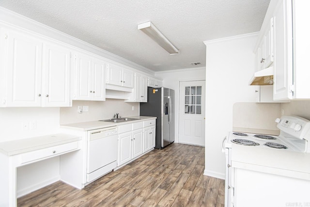 kitchen with white cabinetry, sink, crown molding, a textured ceiling, and white appliances