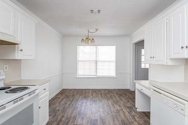 kitchen with a textured ceiling, white appliances, an inviting chandelier, white cabinets, and dark hardwood / wood-style floors