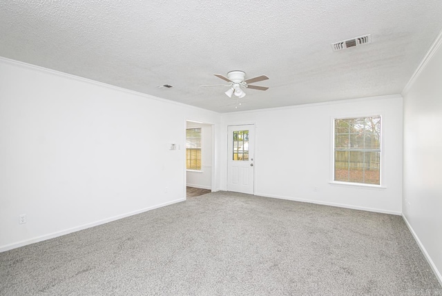 unfurnished room with carpet flooring, ornamental molding, and a textured ceiling