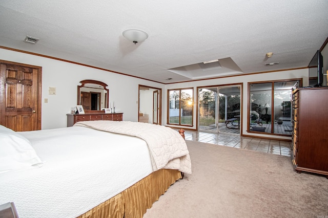 bedroom with access to exterior, crown molding, light colored carpet, and a textured ceiling