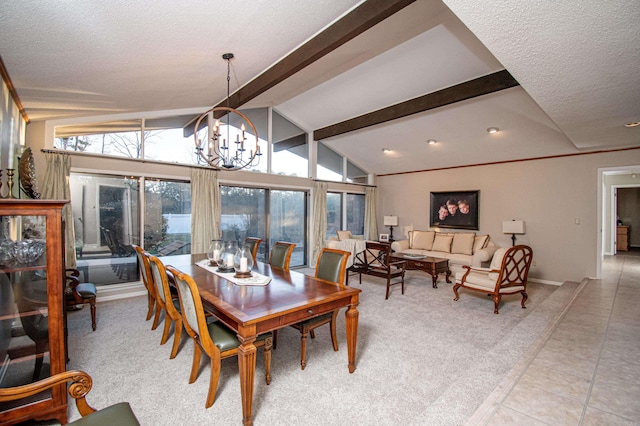 dining room featuring vaulted ceiling with beams, light tile patterned floors, a textured ceiling, and an inviting chandelier