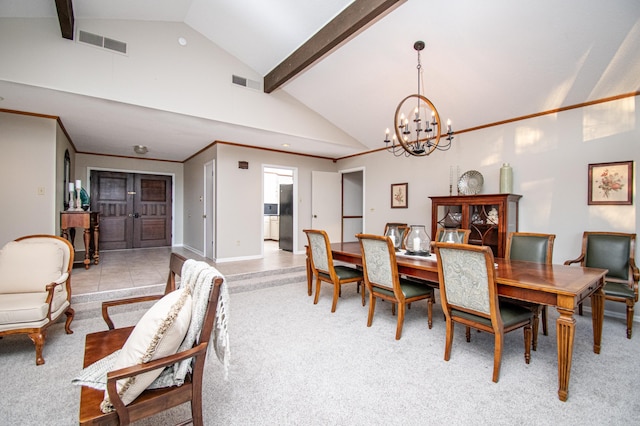 dining space featuring beam ceiling, light colored carpet, high vaulted ceiling, and an inviting chandelier