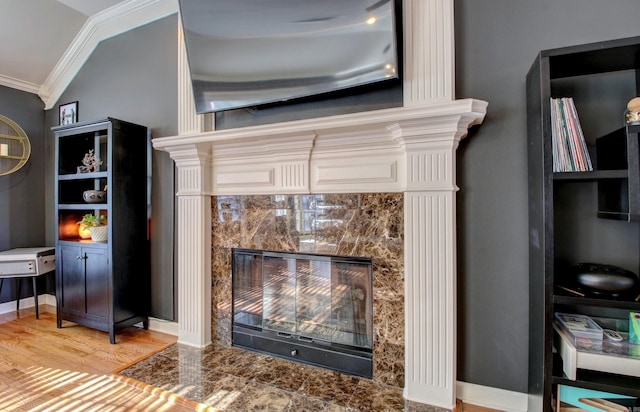 room details featuring a fireplace and crown molding