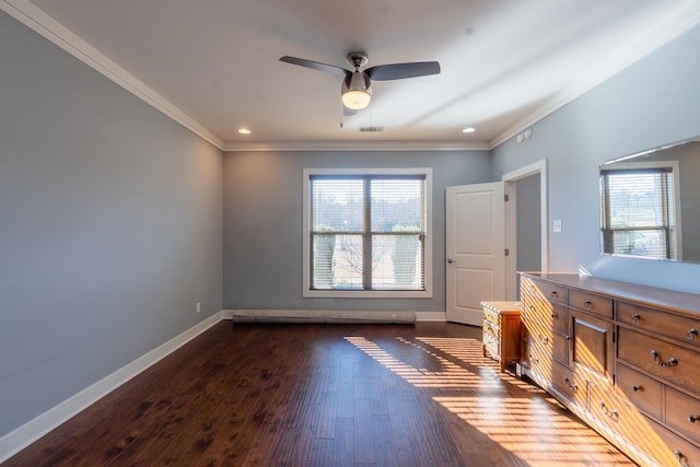 bathroom with crown molding, ceiling fan, and a healthy amount of sunlight