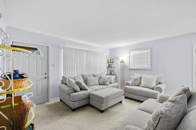 living room with light colored carpet