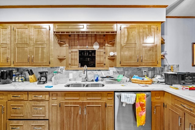 kitchen featuring dishwasher, backsplash, crown molding, sink, and light stone counters