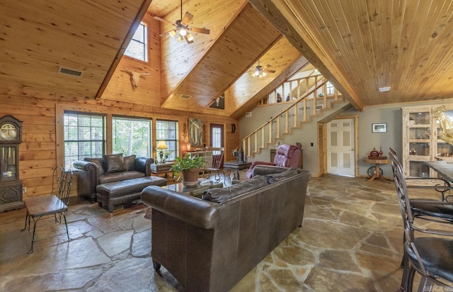 living room featuring beam ceiling, ceiling fan, wooden ceiling, high vaulted ceiling, and wood walls