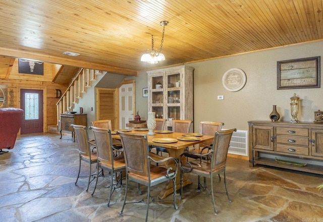 dining area featuring wood ceiling, wooden walls, and an inviting chandelier