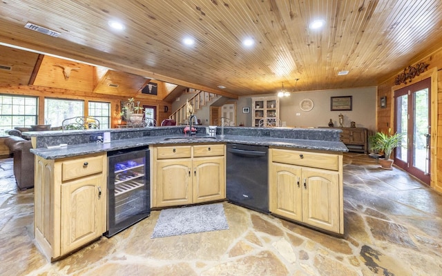 kitchen with light brown cabinets, sink, wine cooler, dark stone countertops, and wood ceiling