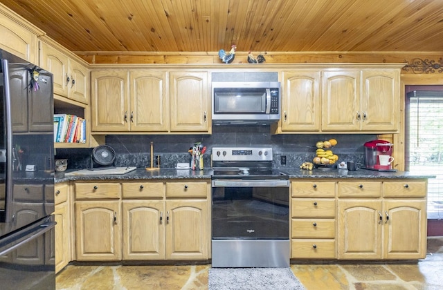 kitchen featuring light brown cabinets, dark stone counters, decorative backsplash, wood ceiling, and appliances with stainless steel finishes