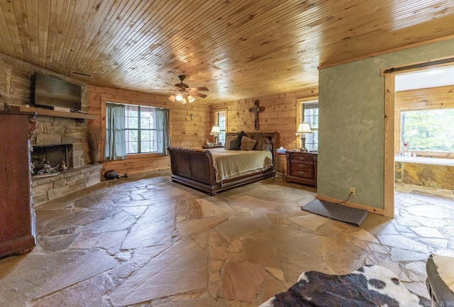 bedroom with wood walls, wood ceiling, and a fireplace