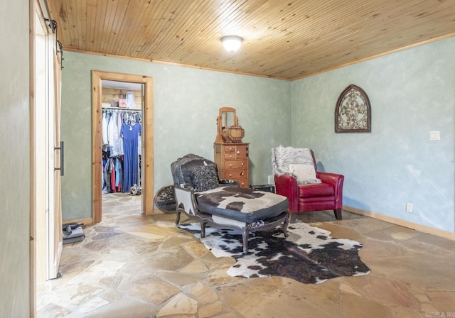 living area featuring wooden ceiling and crown molding