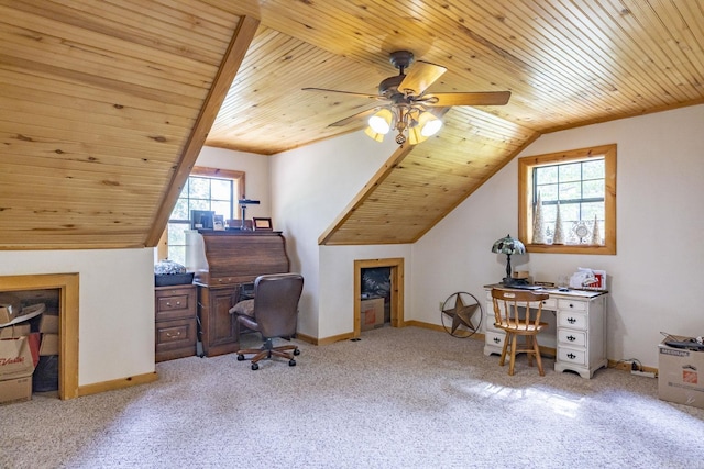 carpeted office with ceiling fan, lofted ceiling, and wood ceiling