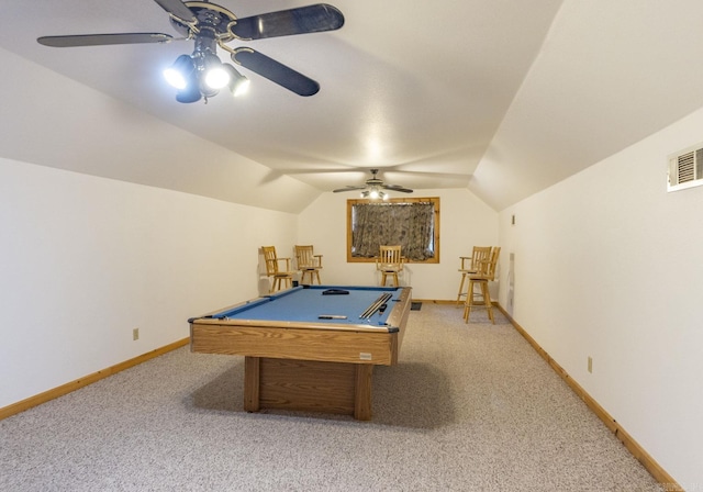 rec room featuring ceiling fan, light colored carpet, vaulted ceiling, and billiards