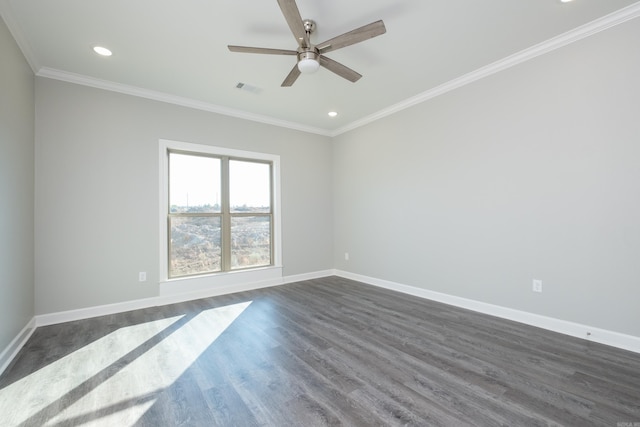 empty room with dark hardwood / wood-style flooring, ceiling fan, and ornamental molding