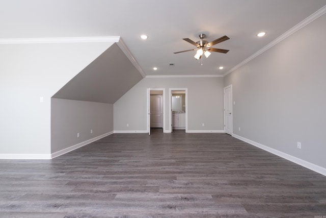 bonus room featuring ceiling fan, lofted ceiling, and dark wood-type flooring