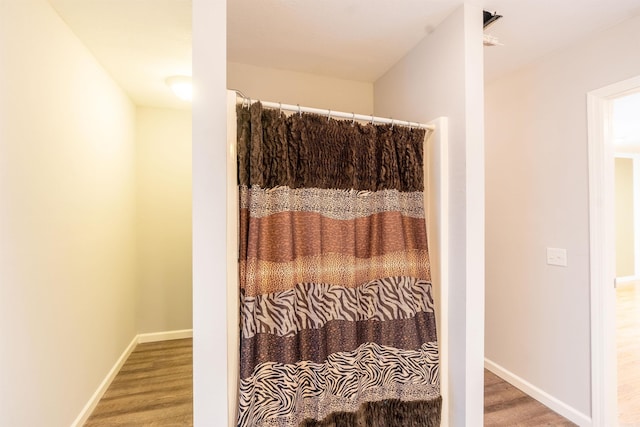 bathroom with hardwood / wood-style floors