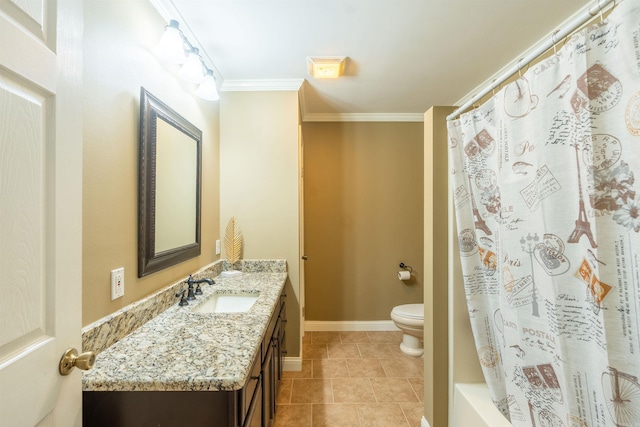 full bathroom with ornamental molding, vanity, shower / tub combo with curtain, tile patterned flooring, and toilet