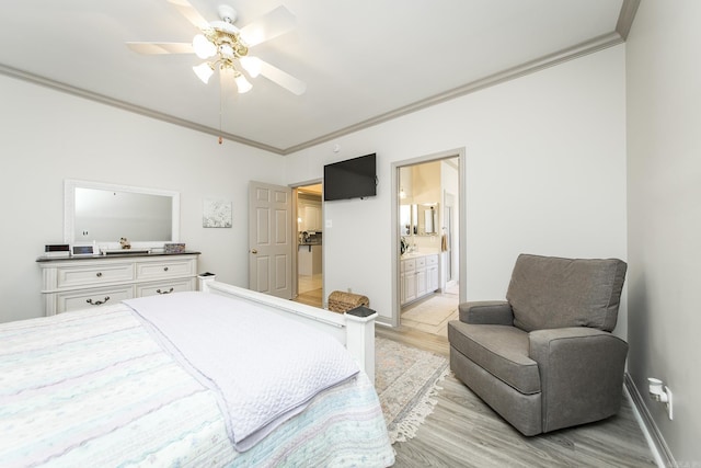 bedroom with ceiling fan, crown molding, ensuite bathroom, and light hardwood / wood-style flooring