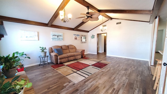 living room featuring ceiling fan with notable chandelier, dark hardwood / wood-style flooring, and vaulted ceiling with beams