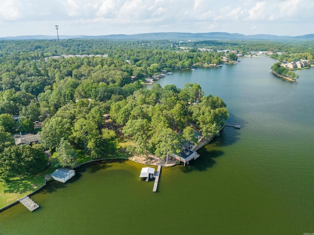 aerial view featuring a water and mountain view