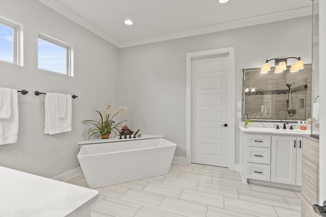 bathroom featuring crown molding, vanity, and shower with separate bathtub