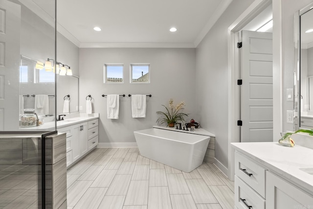 bathroom featuring a washtub, crown molding, and vanity