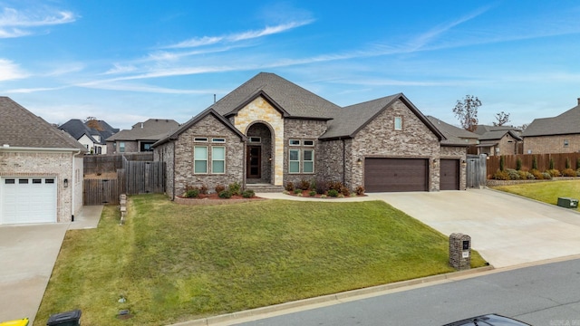 view of front of property with a front yard and a garage