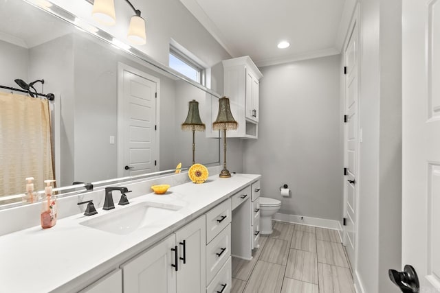 bathroom featuring vanity, curtained shower, toilet, and crown molding