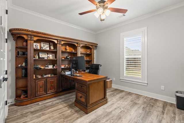 office with light hardwood / wood-style flooring, ceiling fan, and ornamental molding