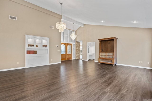 unfurnished living room featuring beamed ceiling, a notable chandelier, dark hardwood / wood-style flooring, and high vaulted ceiling