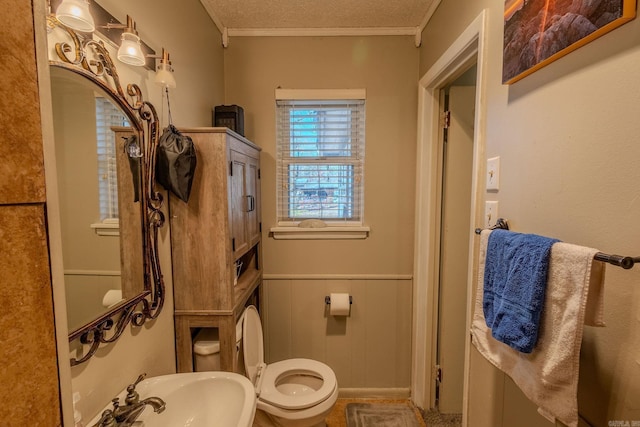 bathroom featuring toilet, sink, ornamental molding, and a textured ceiling