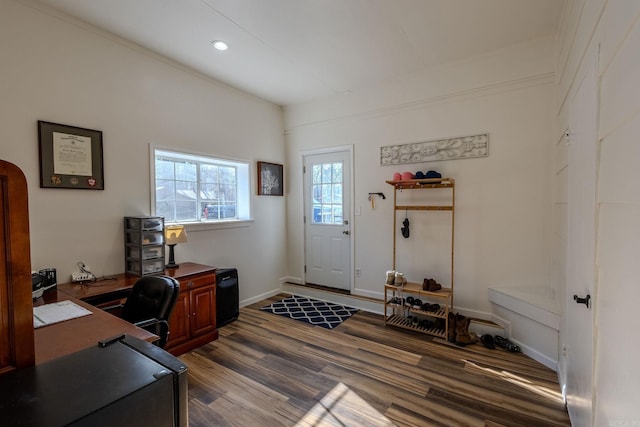 office area with dark hardwood / wood-style floors