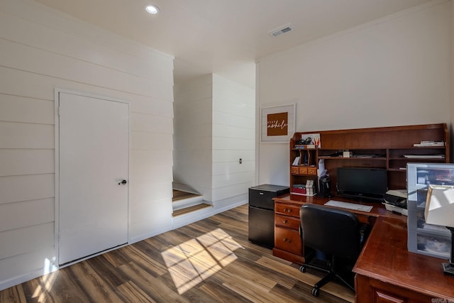 office space featuring hardwood / wood-style floors and ornamental molding