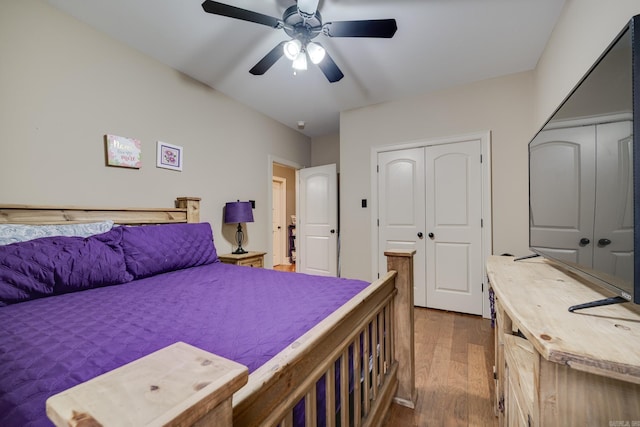 bedroom featuring dark hardwood / wood-style flooring and ceiling fan